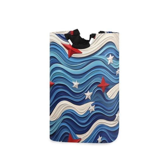 Red White Stars on Blue White Waves Laundry Basket with Handles Foldable Laundry Hamper Freestanding Washing Bin 50L