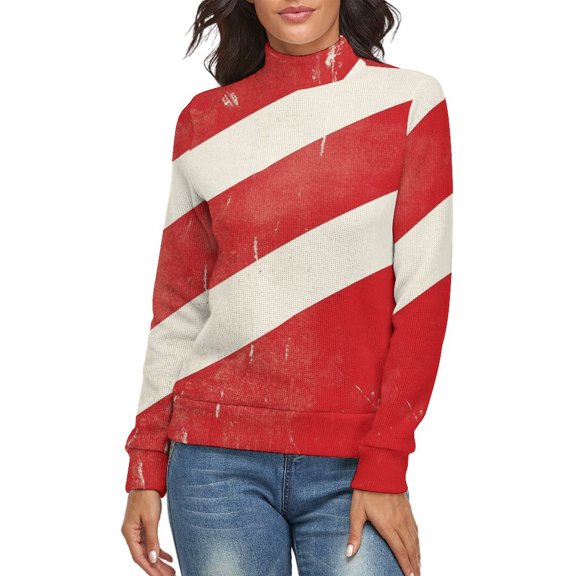 Red White Strip Women's Turtleneck Sweater Long Sleeve Ribbed Fitted Turtle Neck Casual Fall Winter Collection Top S