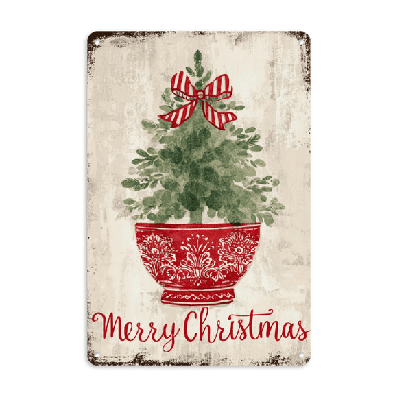 Red and White Stripe Bowknot Christmas Tree Metal Signs, Red and White Vase Porcelain Christmas Tree Signs Decor for Home, Chinoiserie Ceramic Christmas Tree Wall Art 8x12 Inch Gifts, 2D Flat
