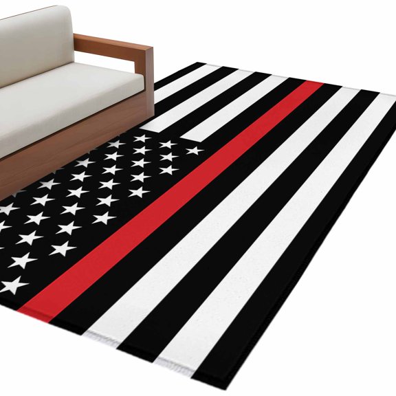 Red White Stripe Fireman American Flag Area Rug 3x5 FT, Non Slip Entryway Bedside Carpet, Fire Fighter USA Flags Washable Soft Floor Carpet Indoor Mat Throw Rug for Dorm Kitchen Home Office