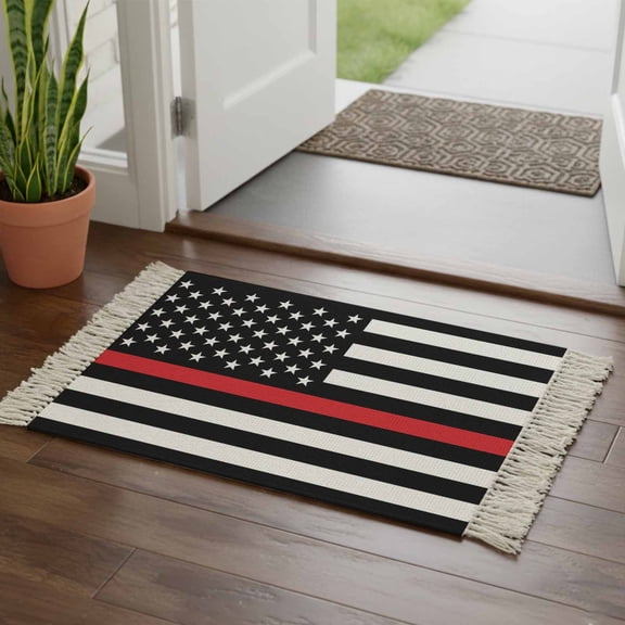 Red White Stripe Fireman American Flag Bathroom Rug 2'x3',Fire Fighter USA Flags Low Profile Front Entryway Rug with Tassels,Woven Cotton Washable Kitchen Mat Carpet for Foyer Bedroom Back Door Decor