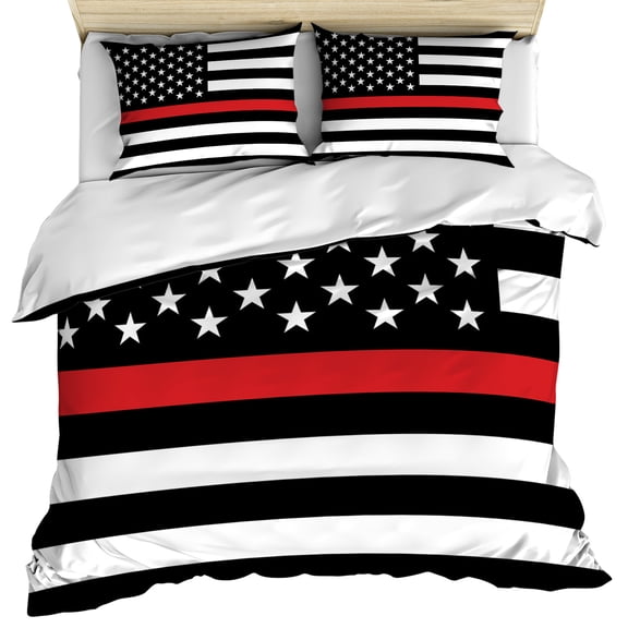 Red White Stripe Fireman American Flag Bedding 3 Piece Duvet Cover Set California King, Fire Fighter USA Flags Soft Microfiber Comforter Cover with Zipper Closure & Pillowcases, Quilt Cover