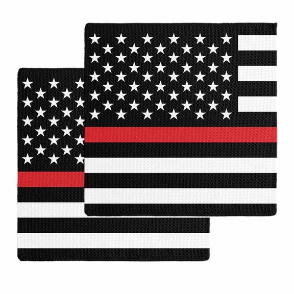 Red White Stripe Fireman American Flag Dish Towels Set,Waffle Weave Kitchen Towels 2Pcs, Fire Fighter USA Flags Microfiber Hair Face Bath Tea Towel Absorbent Quick Drying Cleaning Dish Cloths 12"x12"