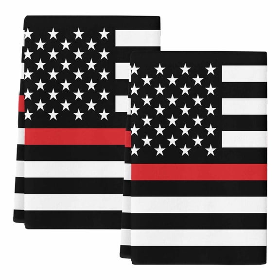 Red White Stripe Fireman American Flag Kitchen Towels Set of 2, Fire Fighter USA Flags Soft Microfiber Dish Towels, Absorbent Washable Dishcloths for Kitchen Cleaning, Drying Dishes, 18x28 Inches