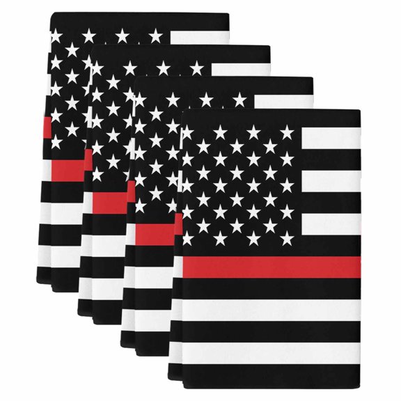 Red White Stripe Fireman American Flag Kitchen Towels Set of 4, Fire Fighter USA Flags Soft Microfiber Dish Towels, Absorbent Washable Dishcloths for Kitchen Cleaning, Drying Dishes, 18x28 Inches