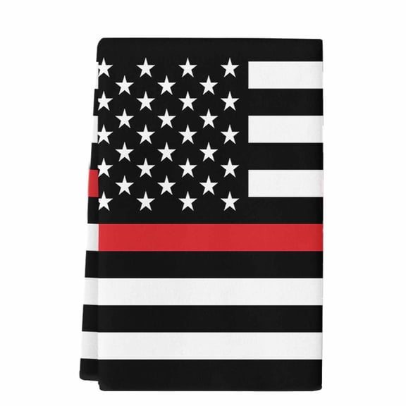Red White Stripe Fireman American Flag Microfiber Kitchen Towel, Fire Fighter USA Flags Soft Absorbent Dish Towels, Quick Drying Washable Dishcloths for Kitchen Cleaning, Drying Dishes, 18x28 Inches