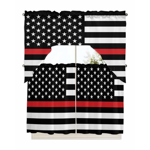 Red White Stripe Fireman American Flag Swag Valance and Tier Curtains 36'' Length Set, Fire Fighter USA Flags Light Filtering Kitchen Curtains, Tier Curtain Valances for Bathroom/Living Room/Bedroom