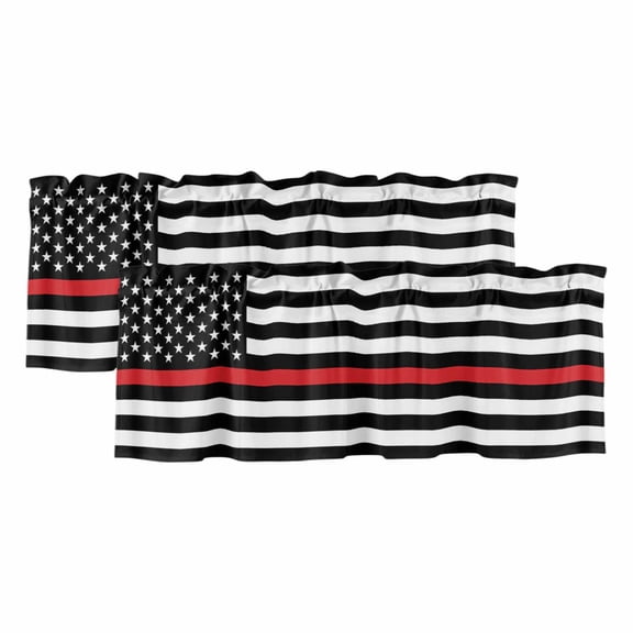 Red White Stripe Fireman American Flag Valances for Windows, Fire Fighter USA Flags Light Filtering Kitchen Curtains, Rod Pocket Window Valance Curtains for Living Room Bedroom, 42"Wx12"L, 2 Panels
