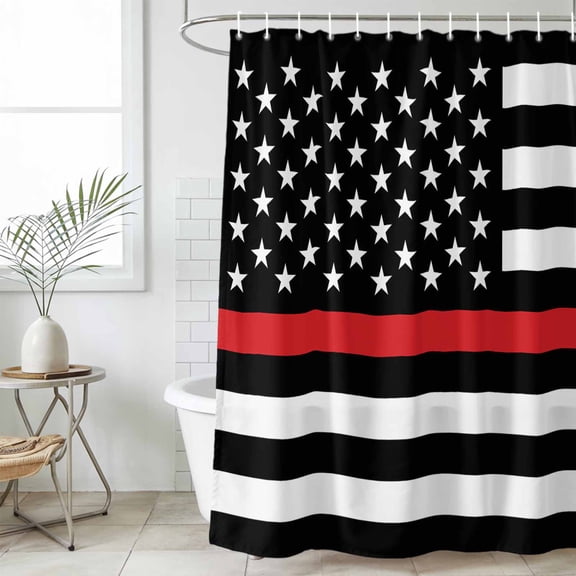 Red White Stripe Fireman American Flag Waterproof Shower Curtain, 72"x72" Washable Polyester Fabric Shower Curtains for Bathroom, Fire Fighter USA Flags Decorative Bathtub Curtain Sets with Hooks