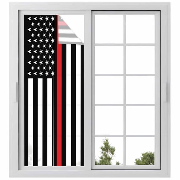 Red White Stripe Fireman American Flag Window Privacy Film, Fire Fighter USA Flags Static Cling UV Sun Blocking Heat Control Window Tint, Non-Adhesive One Way Windows Privacy Cover 29.5''x78.7''