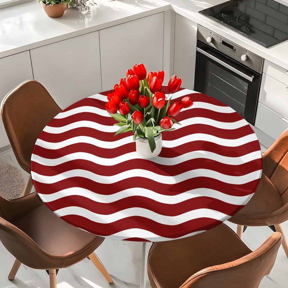 Red White Stripe Water Ripple Round Fitted Tablecloth with Elastic Edge,Waterproof Table Cloth Fits Tables Up to 36"-44",Wipeable Table Cover for Dinning Party,Abstract Minimalist Geometric Art