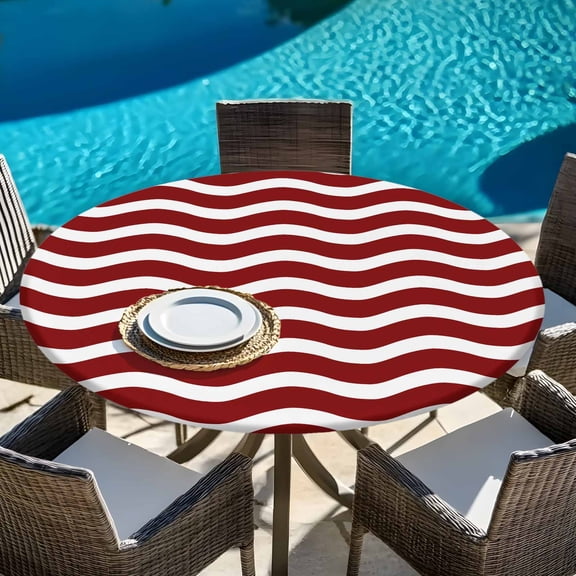 Red White Stripe Water Ripple Round Fitted Tablecloth with Elastic Edge,Waterproof Table Cloth Fits Tables Up to 45"-54",Wipeable Table Cover for Dinning Party,Abstract Minimalist Geometric Art