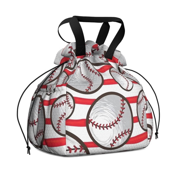Red and White Striped Baseballs Pattern Drawstring Lunch Bag Women - Drawstring Lunch Bag Insulated for Work Office - Stain-Resistant Large Lunchbags for Women with Multi-Pockets