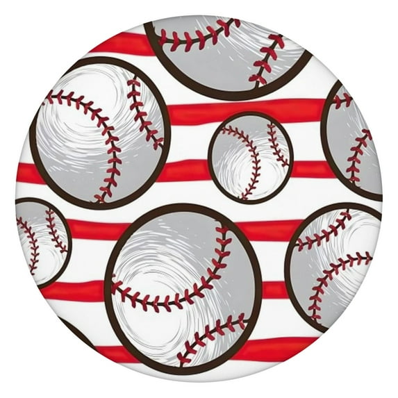 Red and White Striped Baseballs Pattern Round Fitted Tablecloth with Elastic Edge,Dining Table Cover Waterproof,Outdoor Round Tablecloth for Camping,Dining,Indoor and Outdoor