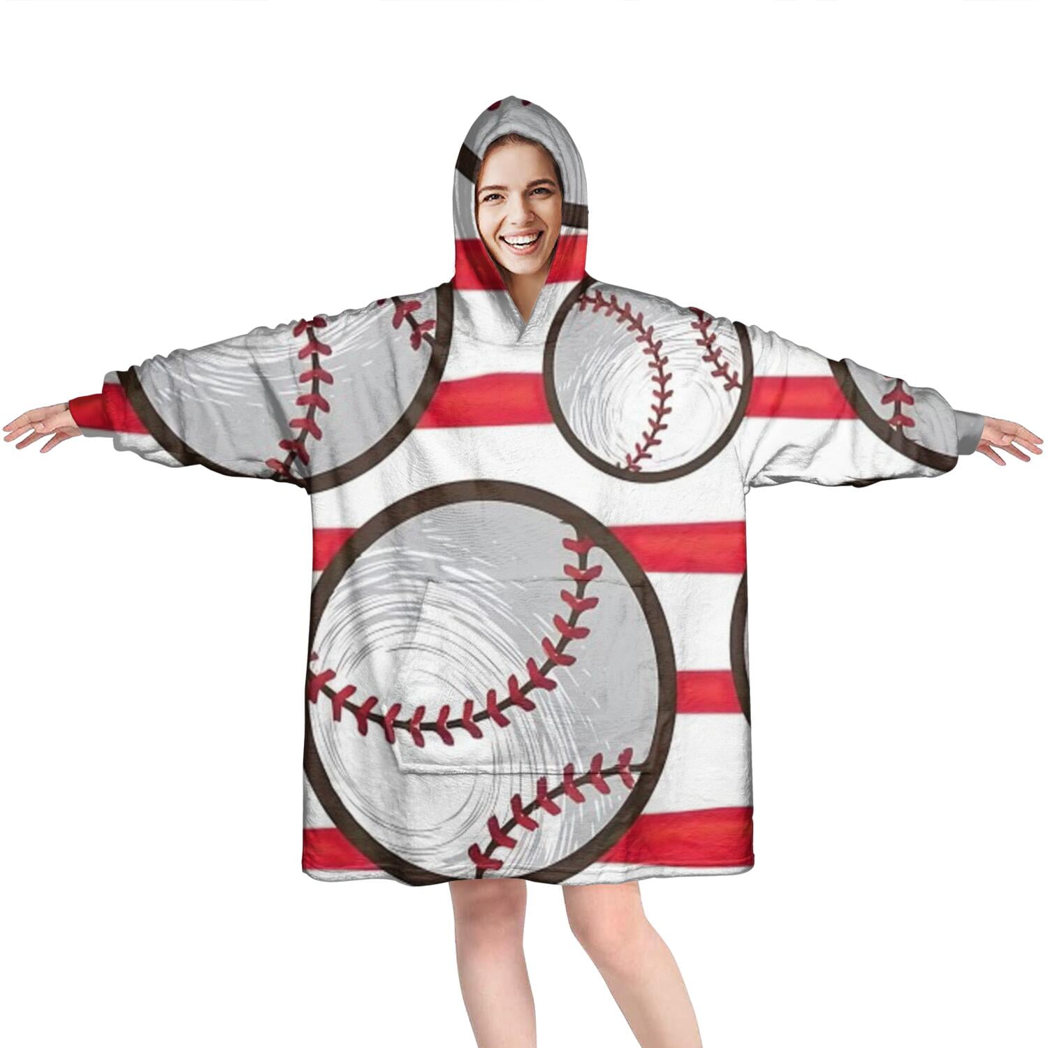 Red and White Striped Baseballs Pattern Wearable Oversized Blanket,Wearable Blanket Hoodie for Adults,Cozy Hooded Blankets with Super Pockets,Super Warm Fuzzy Pullover for Women & Men