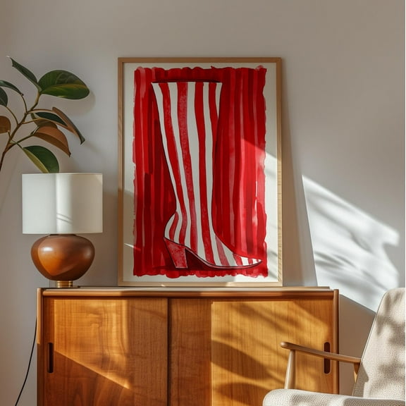 Red And White Striped Boot Bold Fashion Wall Art Print, Modern Footwear Artwork For Stylish Home, Unique Shoe Poster Wall Art, Modern Wall Decor, 8x12 UNFRAMED