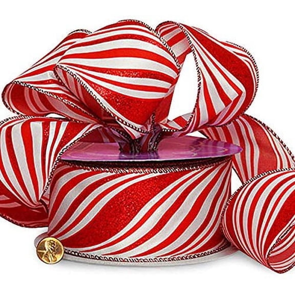 Red White Striped Christmas Ribbon - 2 1/2" x 25 Yards, Candy Cane Swirls