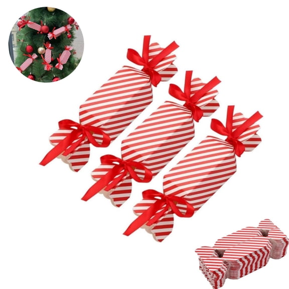 Red White Striped Christmas Treat Boxe,Treat Boxes,Cute Candy Container,Decorative Xmas Goodie Container for Wedding,Party Wrapping,with Red Ribbon