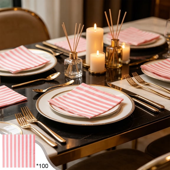 Red White Striped Disposable Paper Napkins 100 Count, Classic Vertical Stripe Decorative Square Cocktail Napkins For Hotel Birthday Tea Party Daily Table Decor.6.5*6.5 in