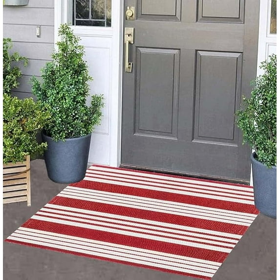 Red and White Striped Outdoor Rug 24'' x 35'' Door Mat Outdoor Machine Washable Welcome Mats Cotton Hand-Woven Entryway Rug for Front Porch/Entryway/Laundry/Bathroom/Bedroom