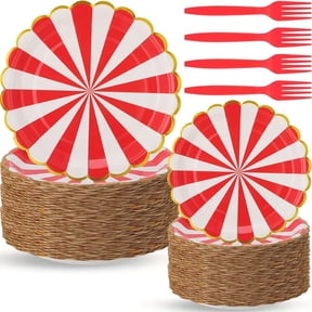 Red White Striped Paper Plates 180 -pcs Gold Trim Forks Circus Party Set