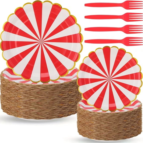 Red White Striped Paper Plates 180 -pcs Gold Trim Forks Circus Party Set