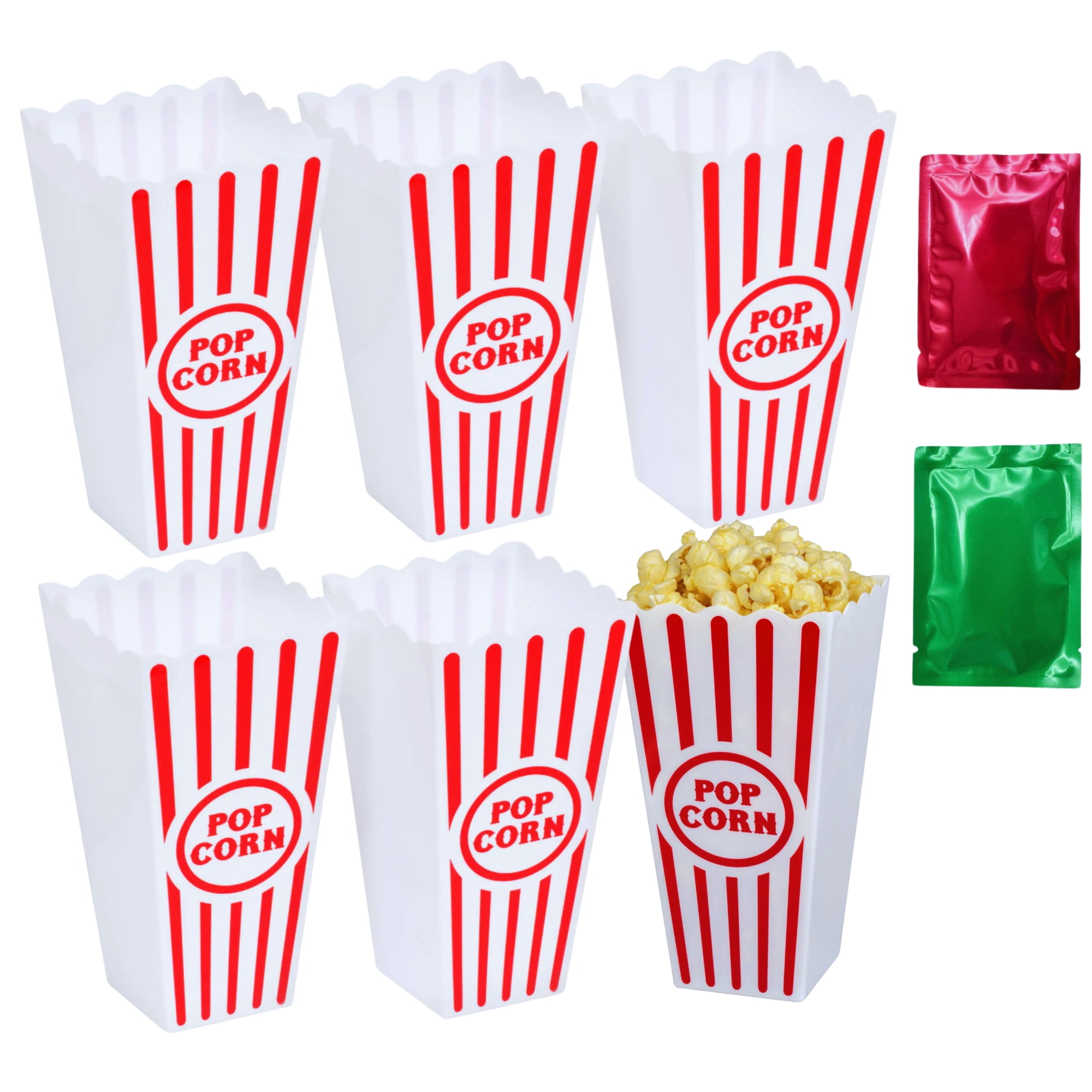 Red & White Striped Plastic Popcorn Buckets Set of 6, Reusable Snack