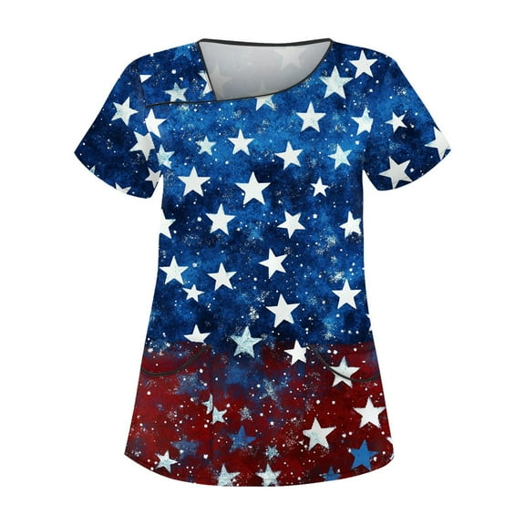 Red And White Striped Shirt Women, 4Th Of July Scrub Tops Women Plus Size Skew Collar Short Sleeve Workwear With Double Layer Pockets Royal Blue American Flag Top Scrubs (L, Blue) ZMTing