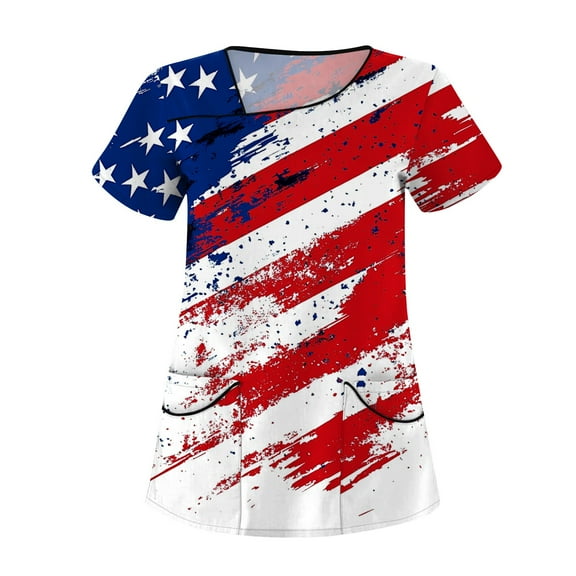 Red And White Striped Shirt Women, 4Th Of July Scrub Tops Women Plus Size Skew Collar Short Sleeve Workwear With Double Layer Pockets Royal Blue American Flag Top Tank Top (XL, Red) ZMTing