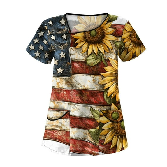 Red And White Striped Shirt Women, 4Th Of July Scrub Tops Women Plus Size Skew Collar Short Sleeve Workwear With Pockets Royal Blue American Flag Top Maternity Pants Scrubs (XL, Yellow) ZMTing