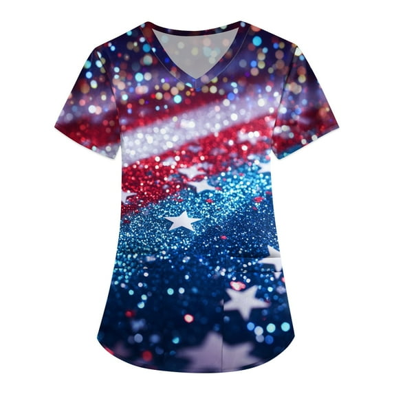 Red And White Striped Shirt Women, 4Th Of July Scrub Tops Women Plus Size V Neck Short Sleeve Workwear With Pockets Royal Blue American Flag Top Pants Women'S Tops Tank Top (XL, Purple Pink) ZMTing