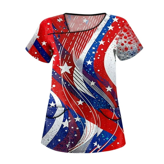 Red And White Striped Shirt Women, Scrubs For Tops 4Th Of July Plus Size Skew Collar Short Sleeve Workwear With Double Layer Pockets Royal Blue American Flag Top Scrubs Outfits (L, Deep Red) ZMTing