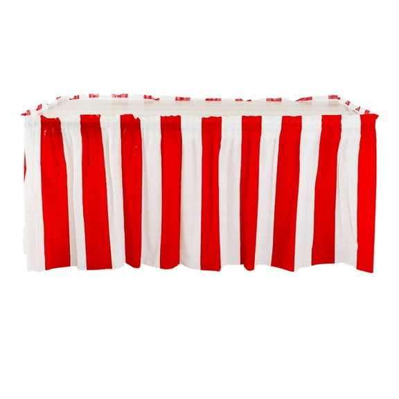 Red and White Striped Table Skirt | Carnival and Circus Party Decor | Waterproof Plastic Tablecloth for Rectangular Tables | Outdoor and Indoor Party Supplies for Weddings, Birthdays, Bbqs