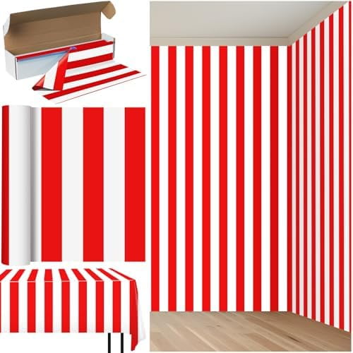 Red and White Striped Tablecloth Roll 54 Inch x 100 Ft, Carnival Circus Plastic Table Cover with Cutter Box, Disposable Table Cloth for Concession Stand Carnival Circus Themed Party Decorations