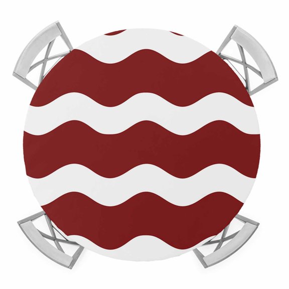 Red and White Stripes Elastic Fitted Round Table Cover Sea Wave Waterproof Outdoor Tablecloth for Holiday Party, Picnic, Patio & Dining Fits Tables Up to 45"-54"