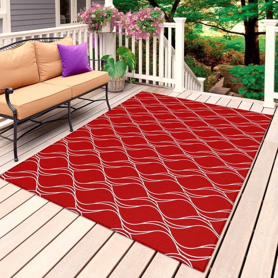 Red White Stripes Outdoor Rug 5x8 Ft, Non Slip Washable Area Rug, Simple Geometric Modern Monochrome Patio Rugs Carpet Runner, Large Floor Mat for Indoor/Outdoor Deck Porch Camping