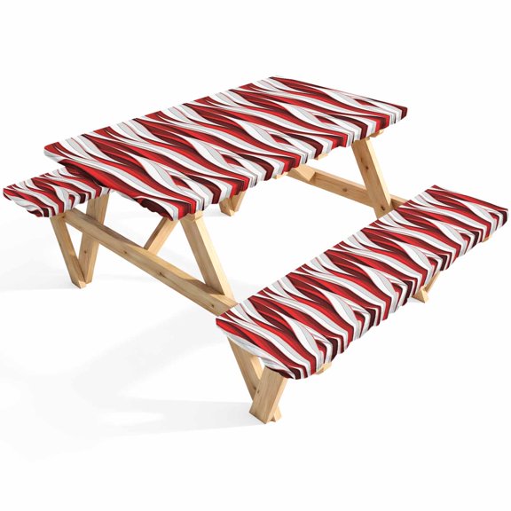 Red White Stripes Picnic Table Cover with Bench Covers Abstract Geometric Aesthetic Striped Waterproof Fitted Picnic Tablecloth 3 Pieces Set Table Cloth for Outdoor Camping Garden BBQ