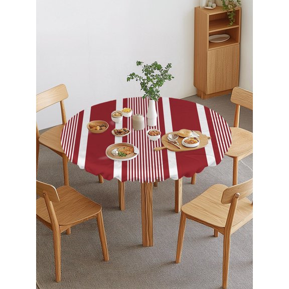 Red White Stripes Round Fitted Tablecloth with Elastic Edge, Lines Modern Vertical Stripes Waterproof Stretch Table Covers for 36"-44" Tables Wipeable Table Cloth for Outdoor