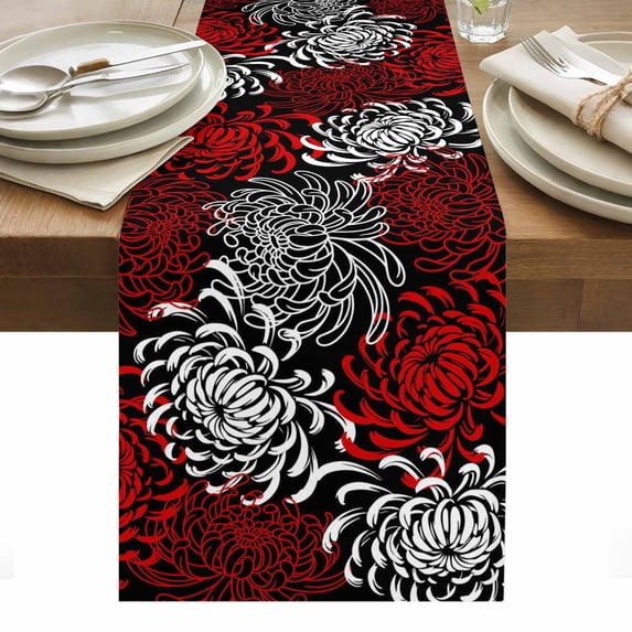 Red White Table Runner - 60 Inch Long, Kitchen Dining Table Runner Dresser Scarves, Abstract Black Chrysanthemum Flower Floral Farmhouse Decor for Coffee Tables Wedding Party Banquet