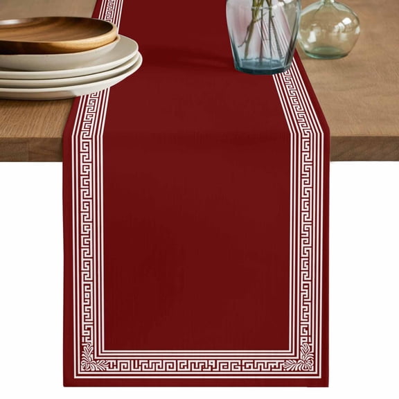 Red White Table Runner, Geometric Greek Key Bordered Abstract Art Cotton Linen Kitchen Table Decoration Washable Dining Tabletop Runners for Home Party Decor 13x120 Inches