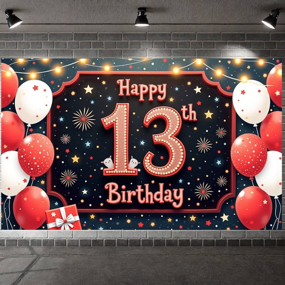 Red White Theme 13th Birthday Banner Star Pattern Display Firework Design Number 13 Decor Teen Celebration Backdrop for 13th Birthday Party Teen Celebration Youth Birthday