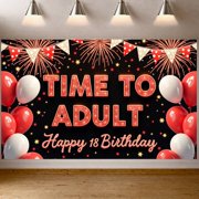 Red White Theme 18th Birthday Banner Glitter Text Adult Birthday Display Firework Design Balloon Decor Coming of Age Backdrop for 18th Birthday Party Adult Ceremony Photo Shoot Backdrop