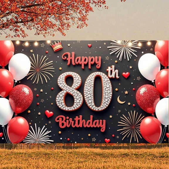 Red White Theme 80th Birthday Banner  Decor Happy 80th Display Firework Design Balloon Decorative 80th Birthday Backdrop for 80th Birthday Party Indoor Decoration Photo Shoot