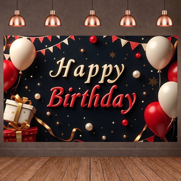 Red White Theme Banner Star Pattern Birthday Party Display Cake Design Black Background Party Celebration Backdrop for Birthday Party Kids Celebration Indoor Event