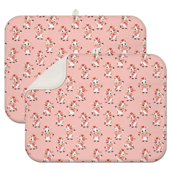 Pink Cow Heart Pattern Dish Drying Mat for Kitchen 1 Pack, Ultra Absorbent Microfiber Dishes Drainer Mats,18"x24"