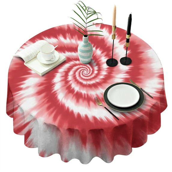 Red White Tie Dye Spiral Pattern Round Tablecloth 60"x60",Wrinkle Wipeable Table Cloth for Kitchen Dining Room Picnic Patio Party