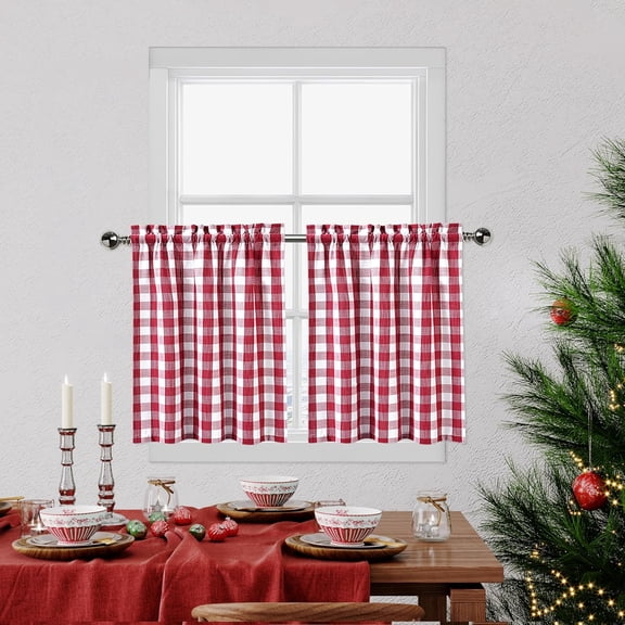 Red and White Tier Kitchen Curtains 36 Inches Long,Burgundy Buffalo Plaid Gingham Rod Pocket Half Window Treatment Set Half Window Cafe Curtains for Kitchen Bathroom, 28" x 36", Red/White, Set of 2