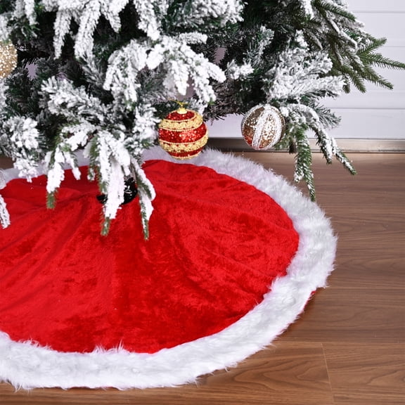 LoomJoyz 47 Inch Red Plush Faux Fur Christmas Tree Skirt, Festive Holiday Decor for Family Home & Christmas Party