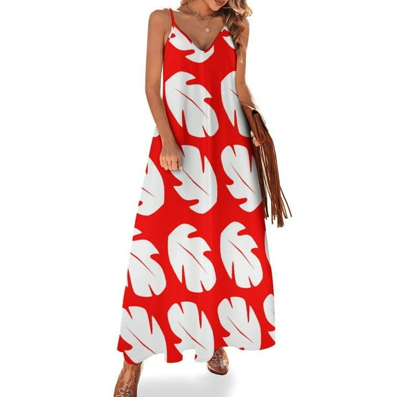 Red & White Tropical Leaf Sleeveless Dress Loose Women's Dress Dresses Luxury Evening Dresses