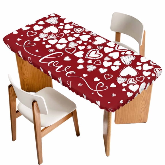 Red White Valentine's Day Table Cloths for 6 Foot Rectangle Tables, Love Heart Modern Art Romantic Patio Waterproof Elastic Fitted Tablecloths, Washable Rectangular Table Cover for Camping
